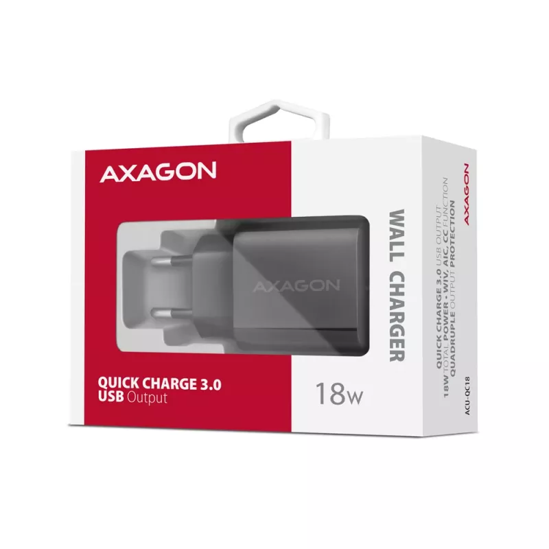 Axagon ACU-QC18 QC 3.0 1× UITGANG wandlader 18W, binnen, AC, zwart