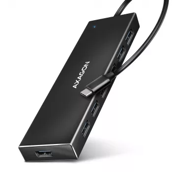 Axagon HUE-F7C 7x USB 3.2 Gen 1 ALU platte hub micro-stroomingang 30cm USB-C USB 3.2 Gen 1 (3.1 Gen 1) Type-A 5000 Mbit/s zwart
