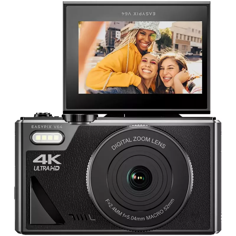 Easypix V64 Flip 20203 compacte digitale camera, 64 MP, 4K-video, uitklapbaar scherm van 3 inch, 18x digitale zoom, WiFi