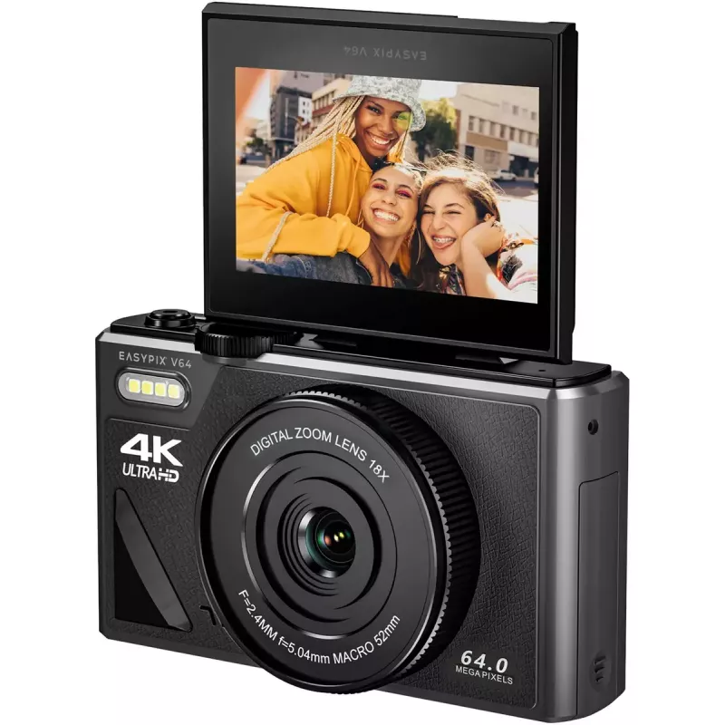 Easypix V64 Flip 20203 compacte digitale camera, 64 MP, 4K-video, uitklapbaar scherm van 3 inch, 18x digitale zoom, WiFi