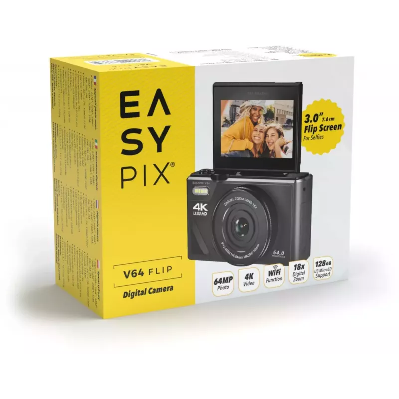 Easypix V64 Flip 20203 compacte digitale camera, 64 MP, 4K-video, uitklapbaar scherm van 3 inch, 18x digitale zoom, WiFi