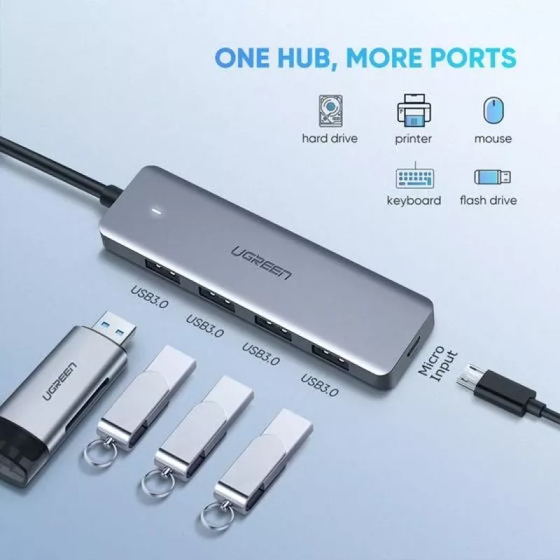 UGREEN 70336 (CM219) USB-C-naar-4x-USB 3.0-hub, 5 Gbps, OTG, USB-C-voedingspoort, 15 cm kabel, grijs
