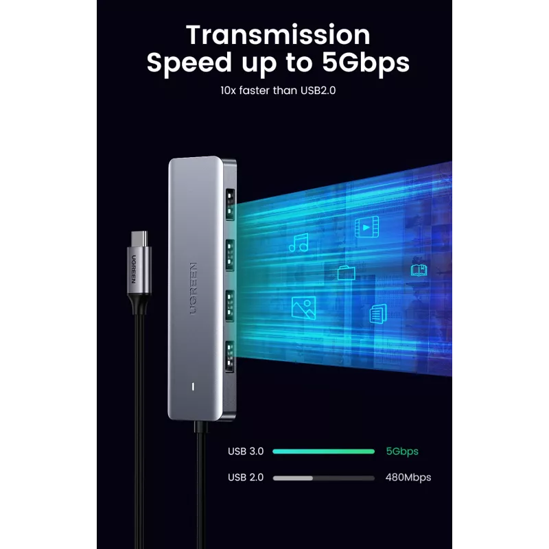 UGREEN 70336 (CM219) USB-C-naar-4x-USB 3.0-hub, 5 Gbps, OTG, USB-C-voedingspoort, 15 cm kabel, grijs