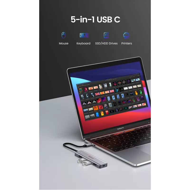 UGREEN 70336 (CM219) USB-C-naar-4x-USB 3.0-hub, 5 Gbps, OTG, USB-C-voedingspoort, 15 cm kabel, grijs