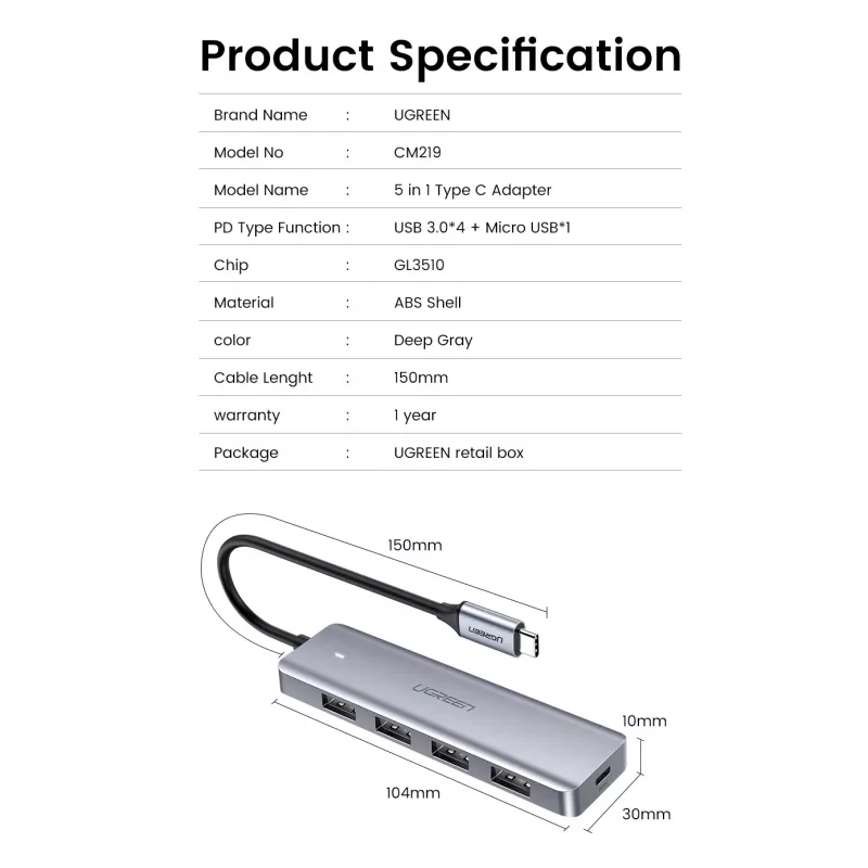 UGREEN 70336 (CM219) USB-C-naar-4x-USB 3.0-hub, 5 Gbps, OTG, USB-C-voedingspoort, 15 cm kabel, grijs