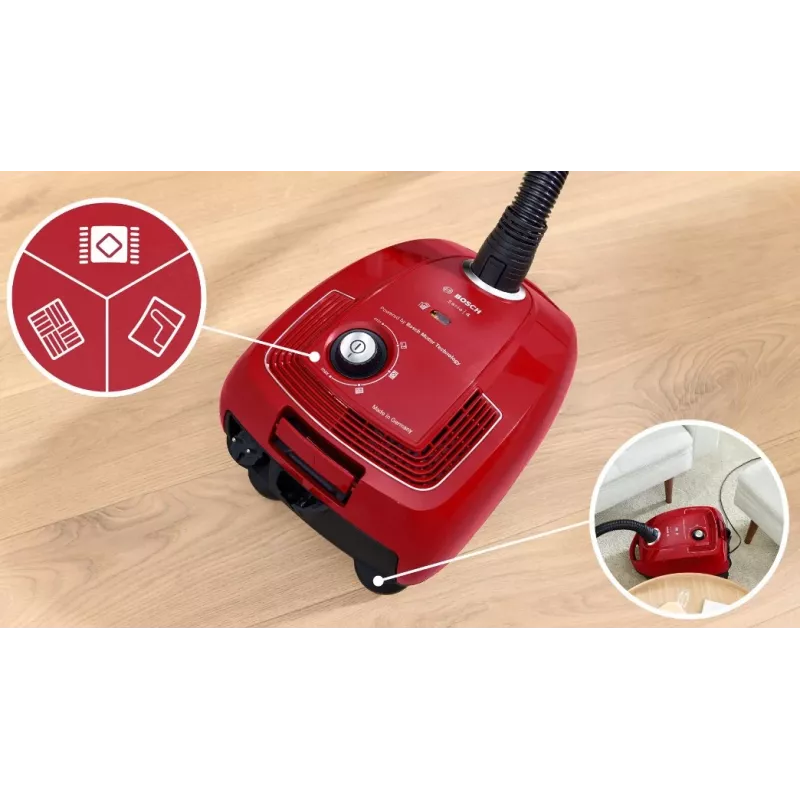 Steelstofzuiger Bosch Serie 4 BGD38RD1H, 600 W, 4 L stofzak, droogzuigen, rood