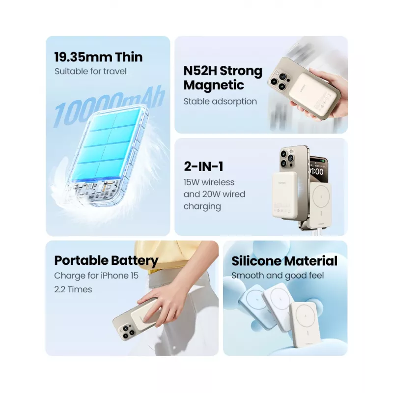 Ugreen 25208 powerbank 10000 mAh draadloos laden beige
