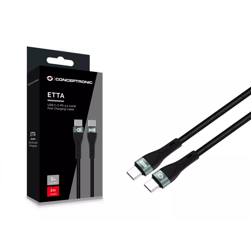 Conceptronic ETTA01B20 USB C-C PD 3.0 100W snellaadkabel 2M, 20V 5A, 480Mbps, E-Mark