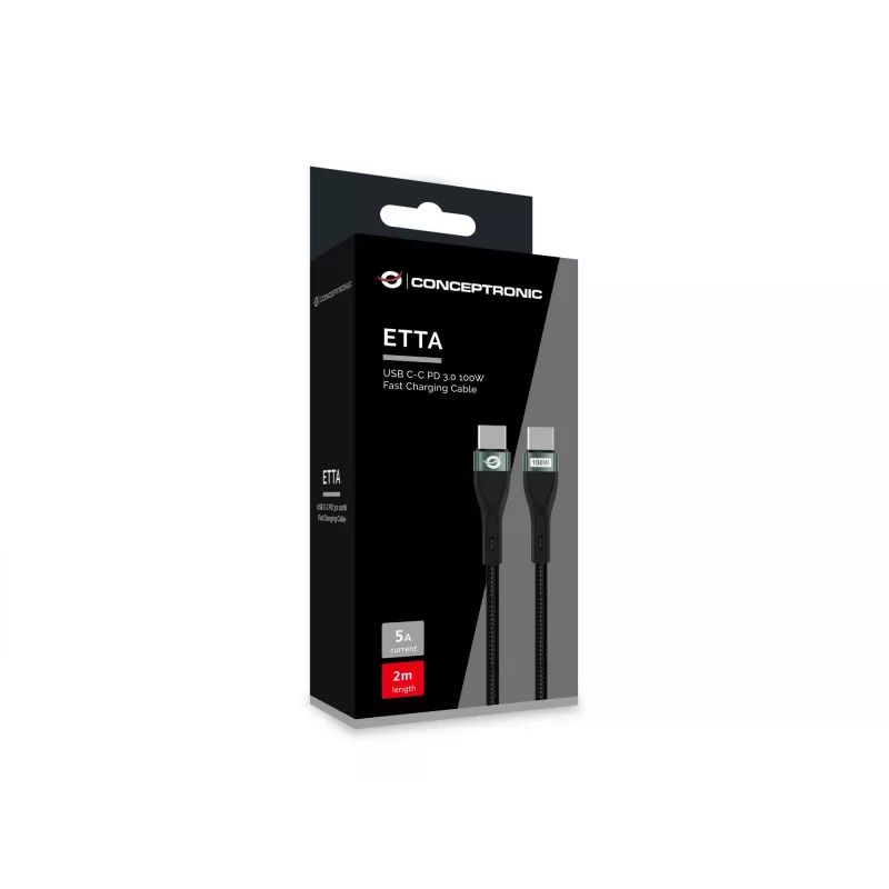 Conceptronic ETTA01B20 USB C-C PD 3.0 100W snellaadkabel 2M, 20V 5A, 480Mbps, E-Mark