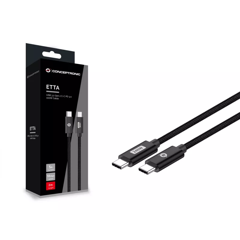 Conceptronic ETTA03B12 USB-C-naar-USB-C PD 3.1 240 W snellaadkabel 1,2 m, 48 V 5 A, 480 Mbit/s, E-Mark