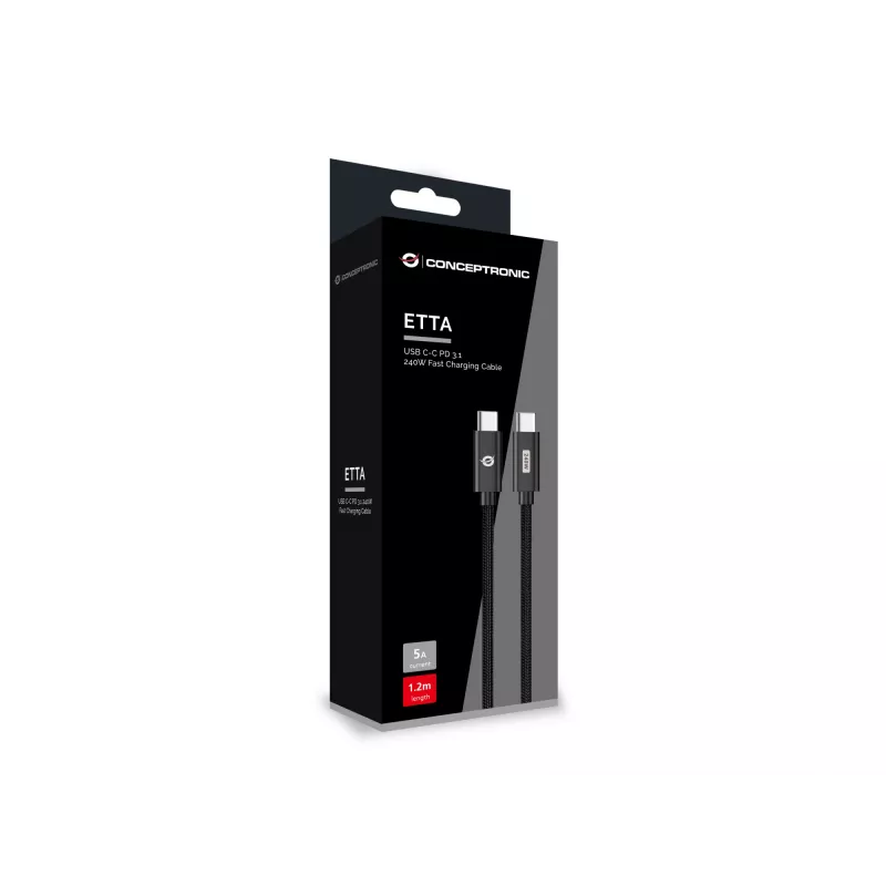Conceptronic ETTA03B12 USB-C-naar-USB-C PD 3.1 240 W snellaadkabel 1,2 m, 48 V 5 A, 480 Mbit/s, E-Mark