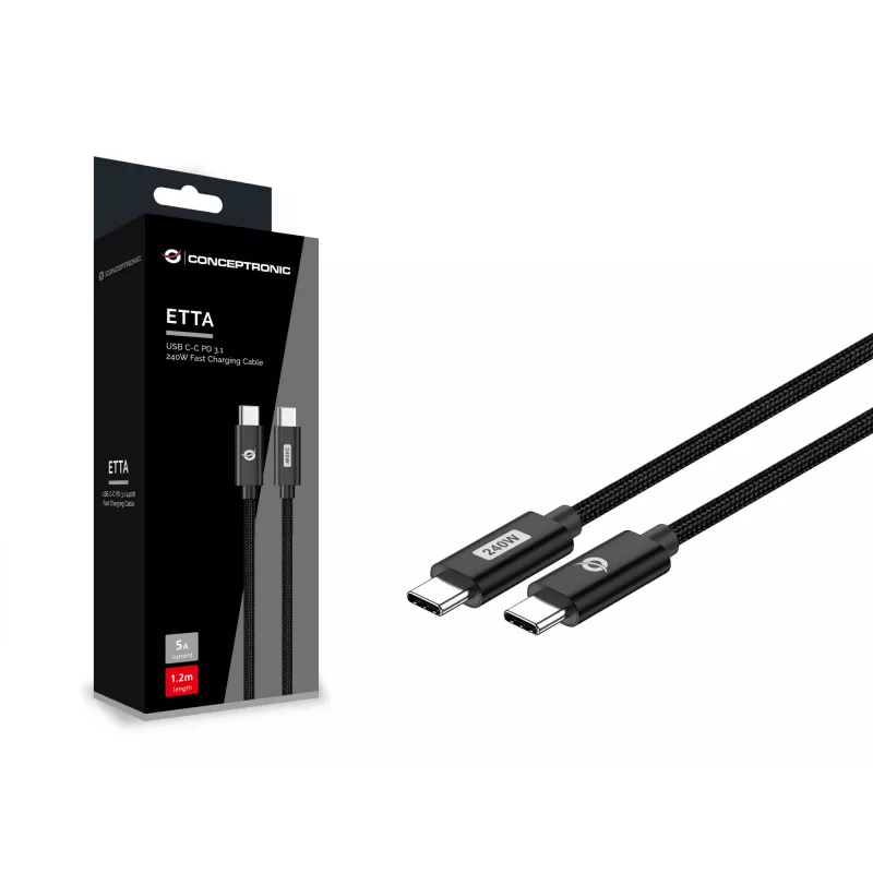 Conceptronic ETTA03B20 USB-C-naar-USB-C PD 3.1 240 W snellaadkabel, 2 m, 48 V/5 A, 480 Mbit/s, E-Mark
