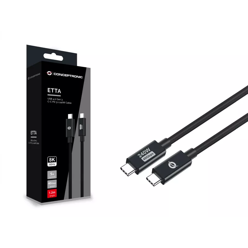 Conceptronic ETTA04B12 USB 4.0 Gen 3 C-C PD 3.1 240W kabel 1,2 m, 48 V 5 A, 40 Gbit/s, E-Mark