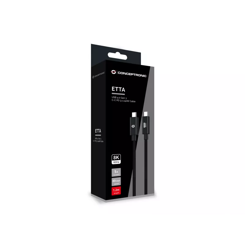 Conceptronic ETTA04B12 USB 4.0 Gen 3 C-C PD 3.1 240W kabel 1,2 m, 48 V 5 A, 40 Gbit/s, E-Mark