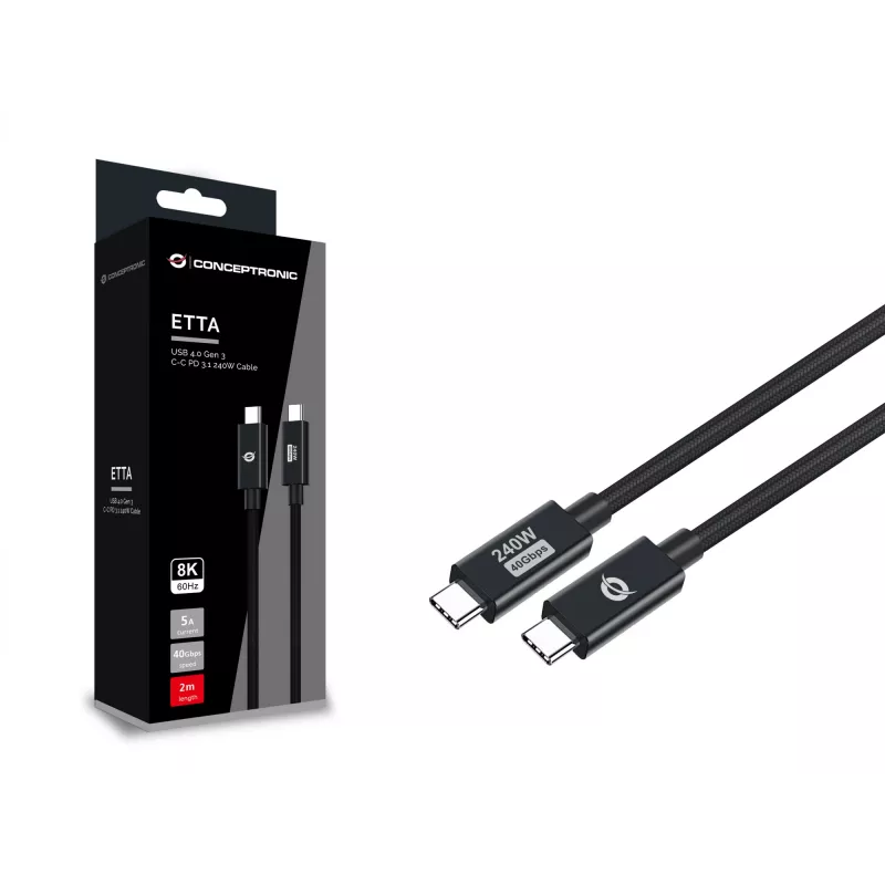 Conceptronic ETTA04B20 USB 4.0 Gen 3 C-C PD 3.1 240W kabel 2M, 48V 5A, 40Gbps, E-Mark