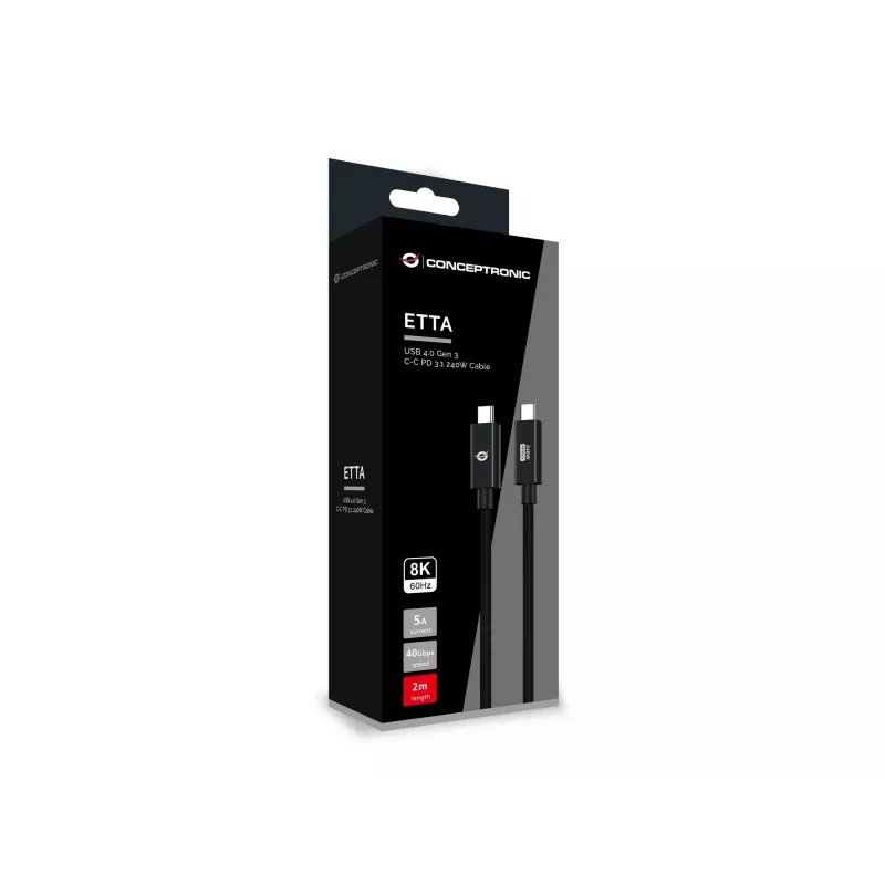 Conceptronic ETTA04B20 USB 4.0 Gen 3 C-C PD 3.1 240W kabel 2M, 48V 5A, 40Gbps, E-Mark