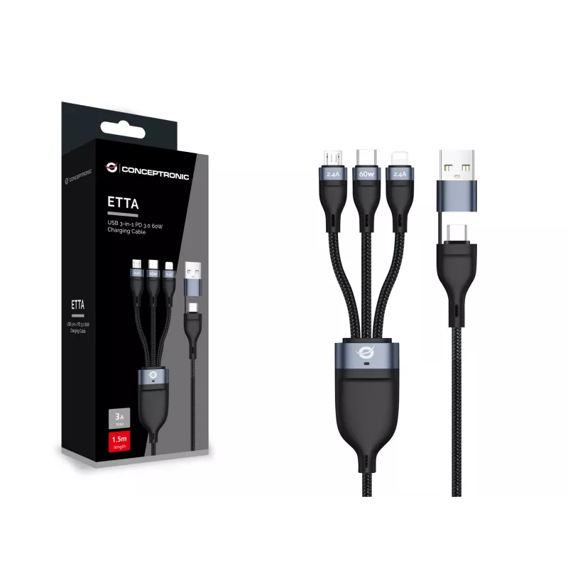 Conceptronic ETTA05B15 USB 3-in-1 PD 3.0 60W laadkabel 1,5 m, 20V 3A, 480Mbps