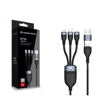 Conceptronic ETTA06B15 USB 3-in-1 PD 3.0 100W snellaadkabel 1,5 m, 20V 5A, 480 Mbit/s, E-Mark