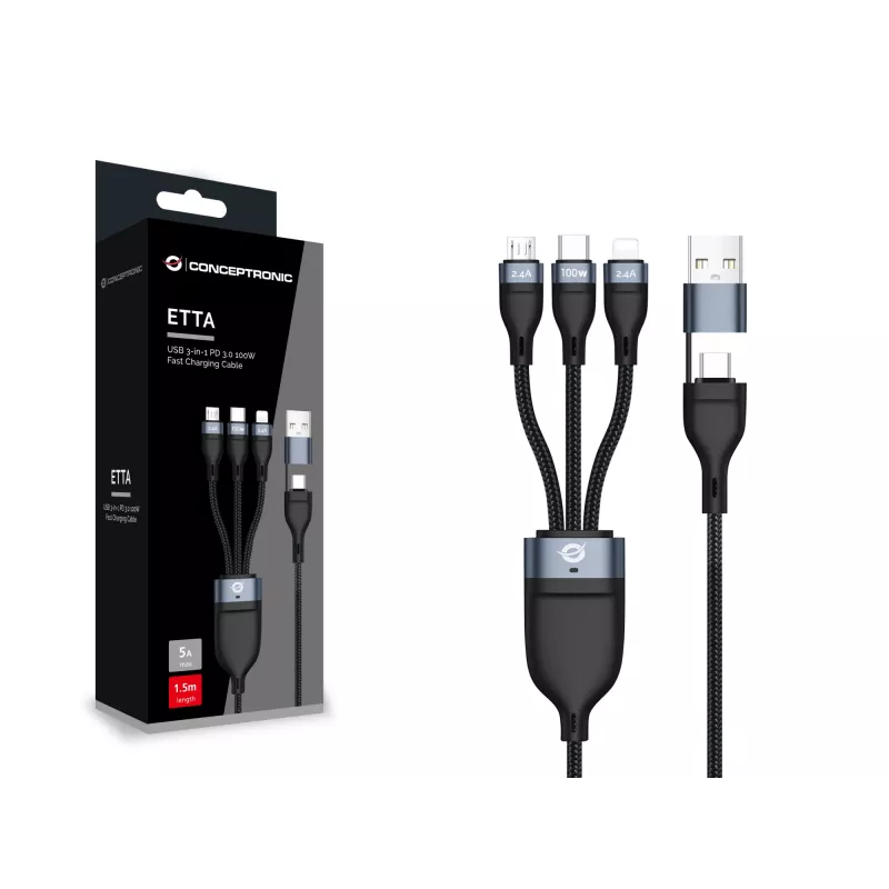 Conceptronic ETTA06B15 USB 3-in-1 PD 3.0 100W snellaadkabel 1,5 m, 20V 5A, 480 Mbit/s, E-Mark