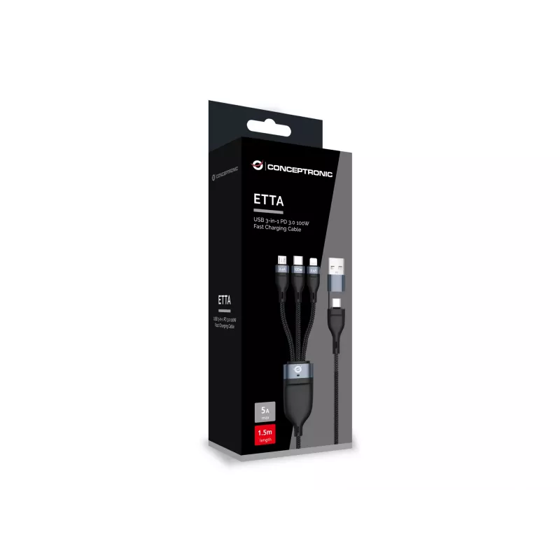 Conceptronic ETTA06B15 USB 3-in-1 PD 3.0 100W snellaadkabel 1,5 m, 20V 5A, 480 Mbit/s, E-Mark