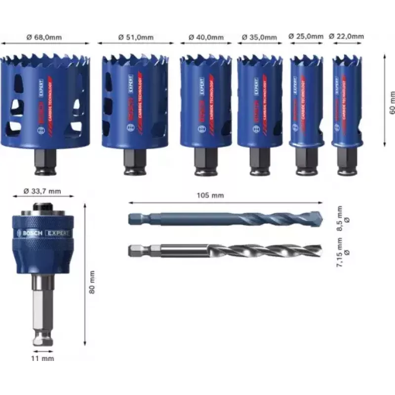 Bosch 2 608 900 446 Expert Tough Material gatenzagenset, 9 stuks, 22–68 mm, met Power Change Plus-adapter
