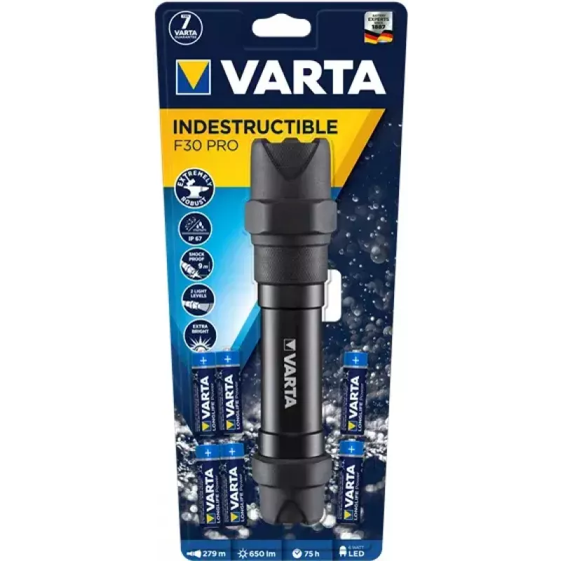 Varta Indestructible F30 Pro 18714101421 LED-zaklamp, 6 W, 650 lm, aluminium, zwart