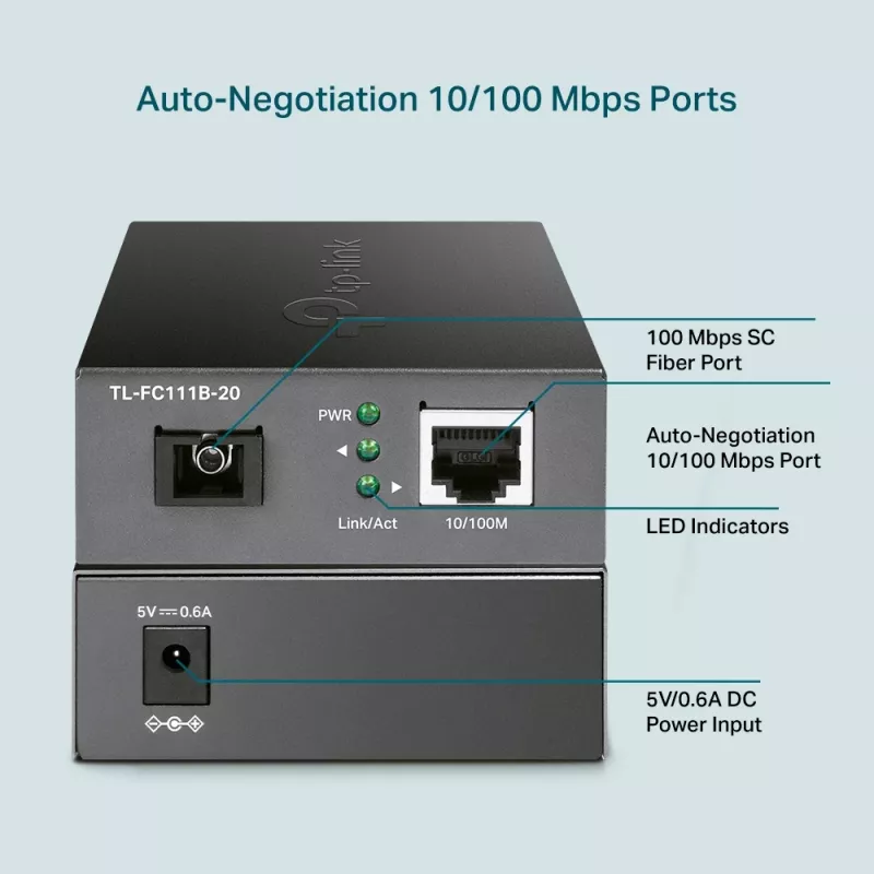 TP-Link 10/100 Mbit/s RJ45 naar 100 Mbit/s singlemode SC WDM bidirectionele mediaconverter