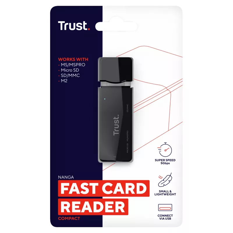 Trust Nanga 21935 kaartlezer, USB 3.1 Gen 1, Type-A, SD/microSD/MS, zwart