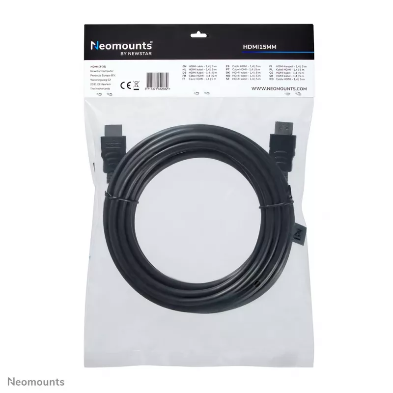 Neomounts HDMI15MM HDMI-kabel – 5 meter, 5 m, HDMI type A (standaard), HDMI type A (standaard), 10,2 Gbit/s, zwart