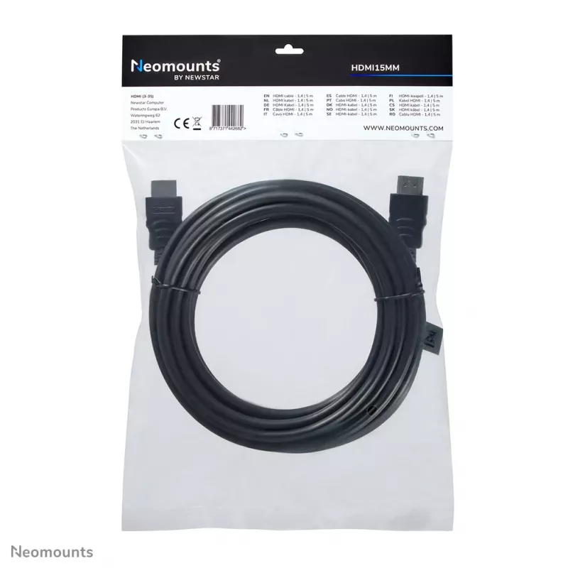 Neomounts HDMI15MM HDMI-kabel – 5 meter, 5 m, HDMI type A (standaard), HDMI type A (standaard), 10,2 Gbit/s, zwart