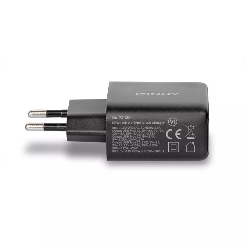 Lindy 65W USB 2 x Type-C GaN-oplader 73438