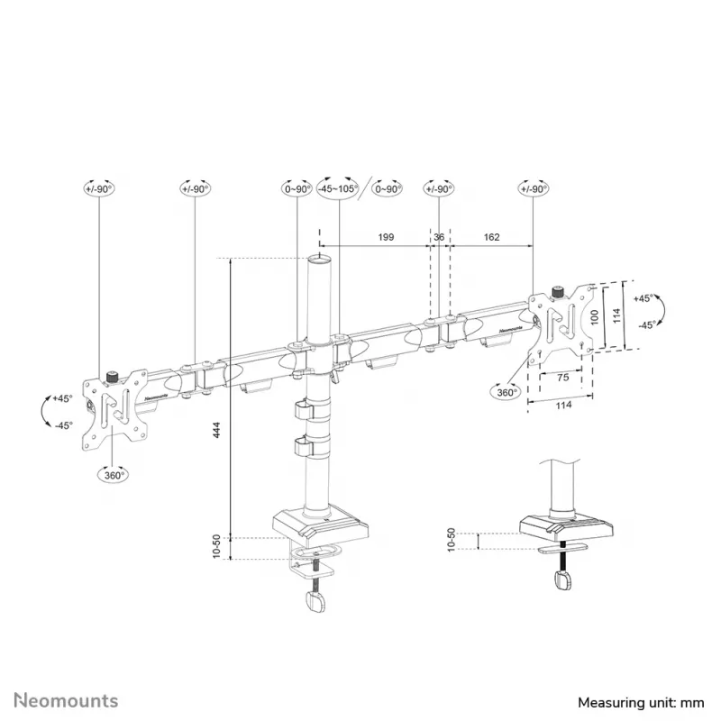 Neomounts DS60-600BL2 monitorarm 10-32 inch - snelbevestiging - 180°-aanslag
