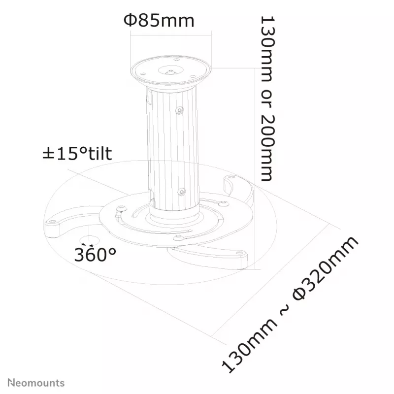 Neomounts BEAMER-C80 beamerplafondsteun – h 13–20 cm – volledig beweegbaar