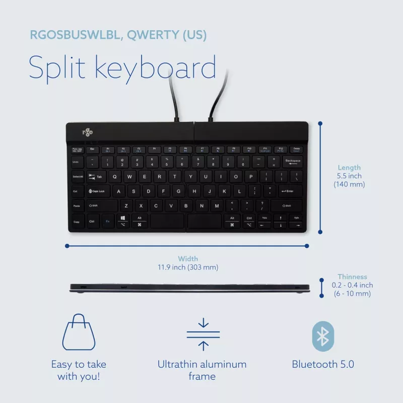 R-Go Tools ergonomisch toetsenbord R-Go Split Break met pauzesoftware, ergonomisch gesplitst toetsenbord, QWERTY (US), Bluetooth, zwart