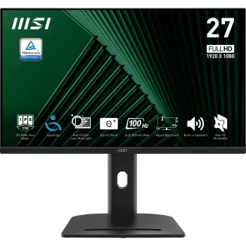 MSI PRO MP275PG 27 inch monitor, FHD (1920 x 1080), 100Hz, IPS, 1ms, 1x HDMI 1.4b, 1x DP 1.2a uitgang, 1x D-Sub (VGA), ingebouwde luidsprekers, antireflectie, flikkervrij, minder blauw licht, TÜV-gecertificeerd, VESA, Kensington, 4-voudig verstelbare s