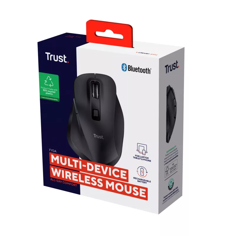 TRUST Fyda Office ergonomische rechter draadloze muis – RF + Bluetooth 5.2 – optisch 2400 DPI – 6 knoppen – zwart