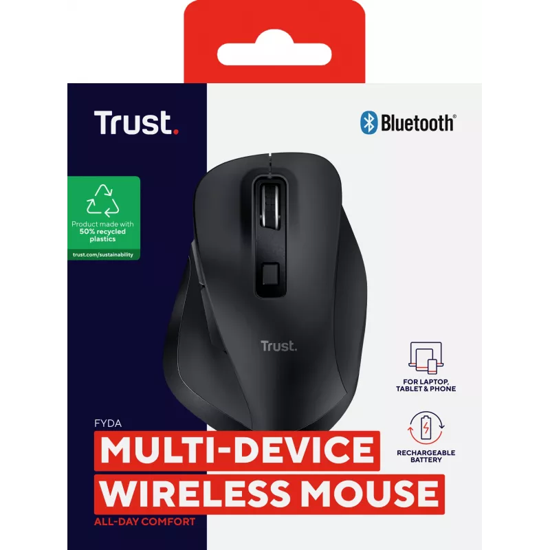 TRUST Fyda Office ergonomische rechter draadloze muis – RF + Bluetooth 5.2 – optisch 2400 DPI – 6 knoppen – zwart