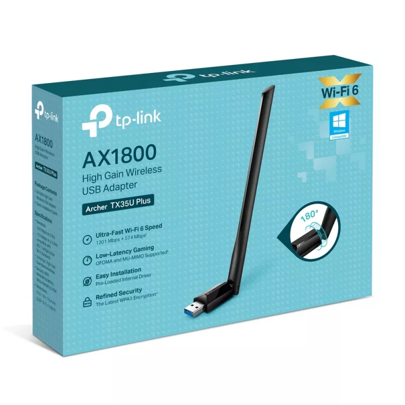 Draadloze USB-WLAN-adapter TP-LINK Archer TX35U PLUS — WLAN 6 dualband 1201 Mbit/s, USB-gevoed, zwart