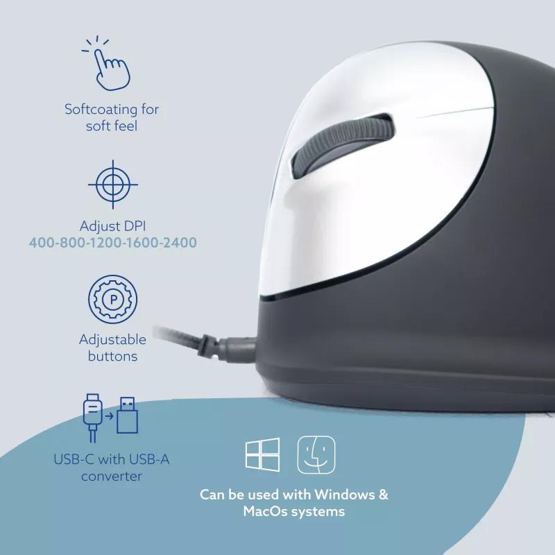 R-Go Tools ergonomische muis R-Go HE Break met pauzesoftware, groot (handmaat ≥ 185 mm), linkshandig, bedraad, zwart