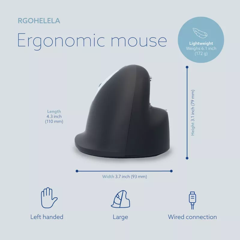 R-Go Tools ergonomische muis R-Go HE Break met pauzesoftware, groot (handmaat ≥ 185 mm), linkshandig, bedraad, zwart