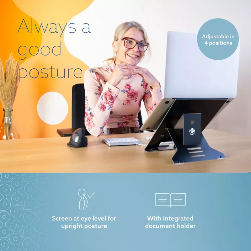 R-Go Tools laptopstandaard R-Go Riser Document, ergonomische, opvouwbare en verstelbare standaard met documenthouder, zwart