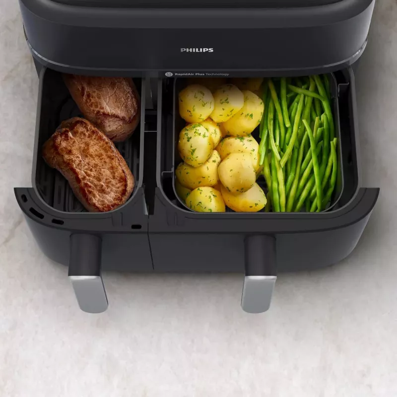 Heteluchtfriteuse Philips 5000 Serie NA551/00 — 9 l inhoud, 2300 W, touchbediening, LED-display, zwart/zilver