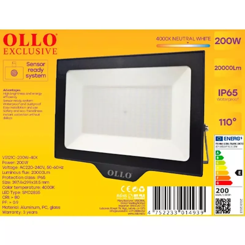 Buiten LED-schijnwerper OLLO VS121C-200W-40K — 200 W, 20 000 lm, 4000 K