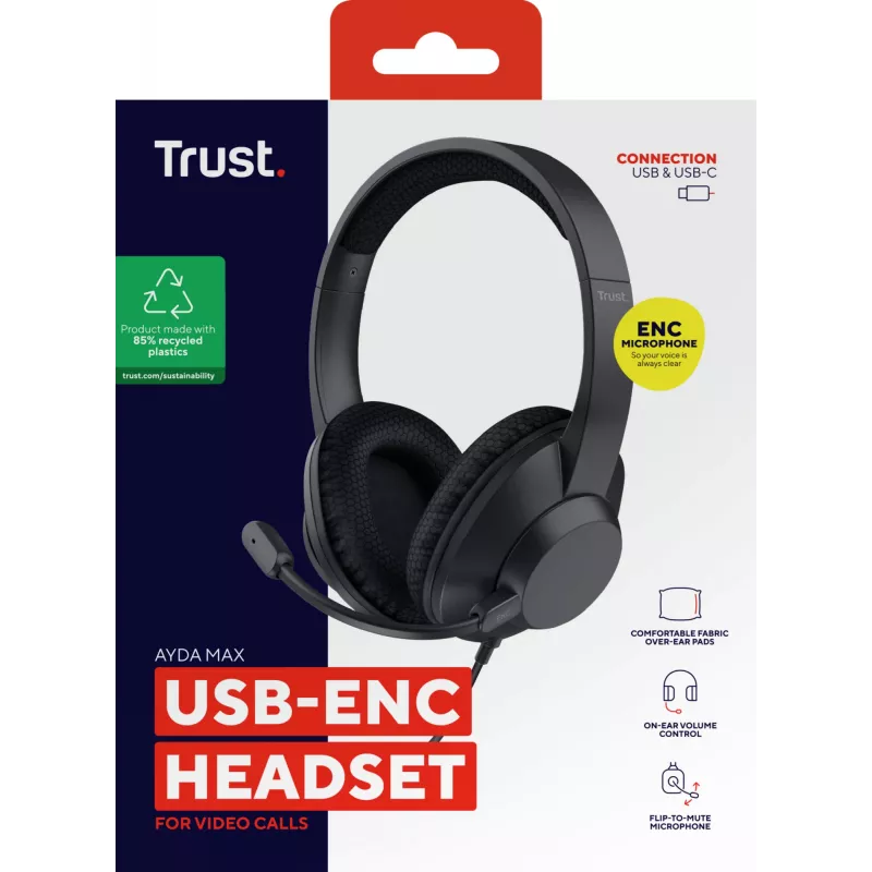 Trust Ayda Max headset bedraad hoofdband gesprekken/muziek USB Type-C / USB Type-A zwart