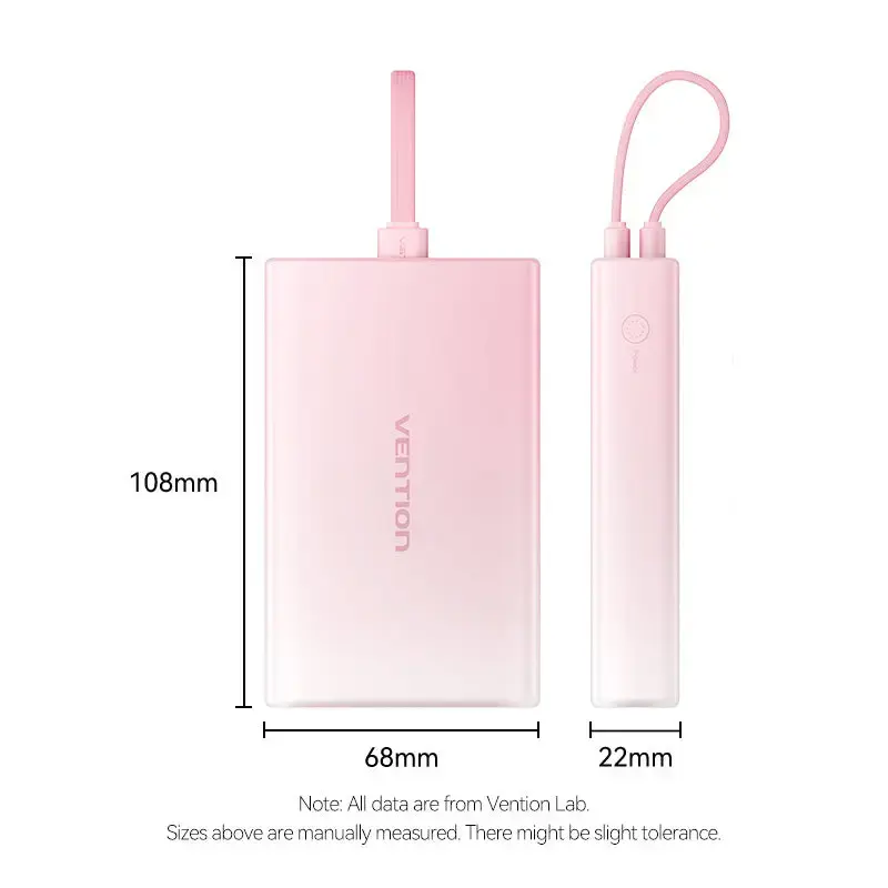 Powerbank Vention 10000mAh (USB-C, Lightning, USB-A) 22,5W LED-indicator roze