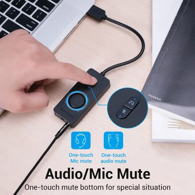 Vention USB 2.0 externe stereo-geluidsadapter met volumeregeling 0,15 M zwart ABS