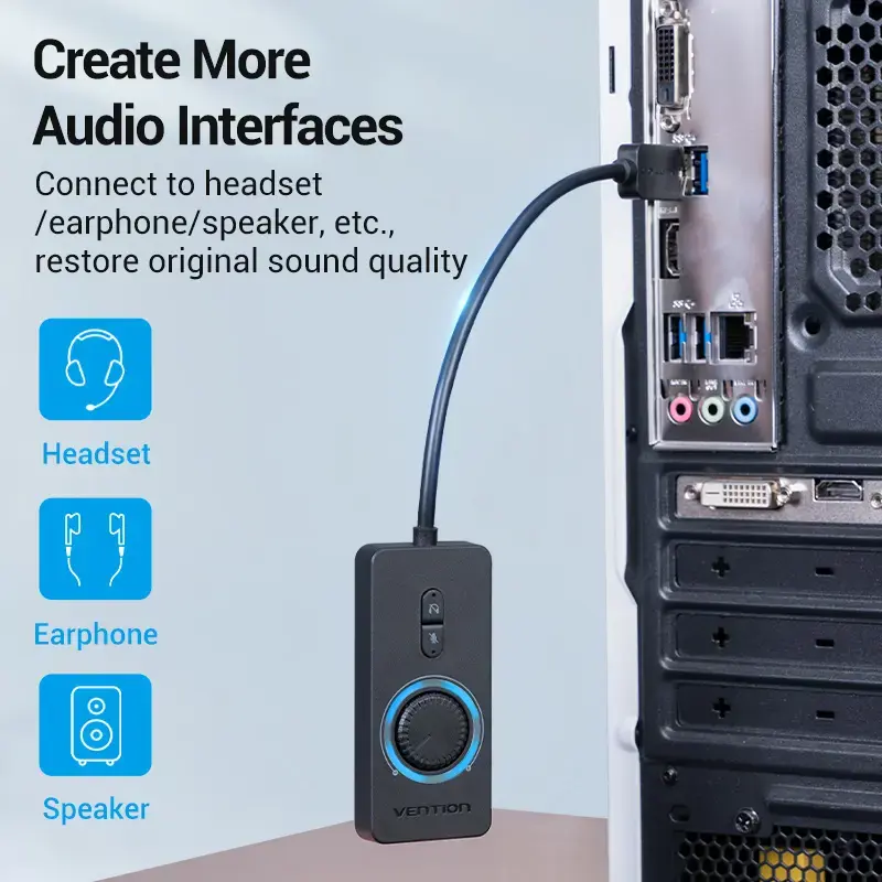 Vention USB 2.0 externe stereo-geluidsadapter met volumeregeling 0,15 M zwart ABS