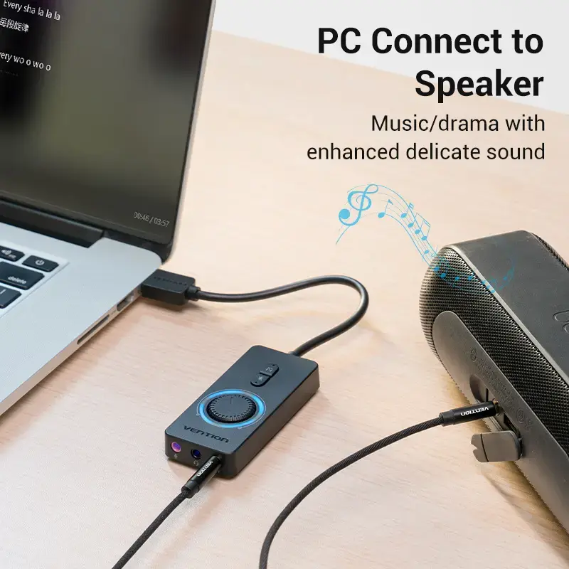 Vention USB 2.0 externe stereo-geluidsadapter met volumeregeling 0,15 M zwart ABS