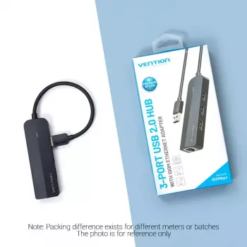 USB 2.0 hub Vention 3-poorts met 100M Ethernet adapter, USB 2.0 host, 4 poorten, zwart