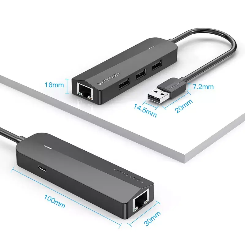 USB 2.0 hub Vention 3-poorts met 100M Ethernet adapter, USB 2.0 host, 4 poorten, zwart